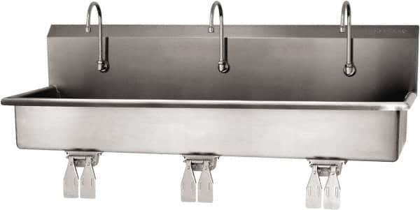 SANI-LAV - 57" Long x 16-1/2" Wide Inside, 1 Compartment, Grade 304 Stainless Steel (3) Person Wash-Station with Double Foot Valves - 16 Gauge, 60" Long x 20" Wide x 18" High Outside, 8" Deep - Caliber Tooling