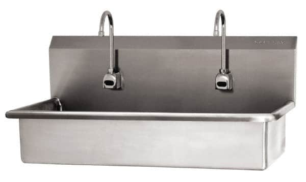 SANI-LAV - 37" Long x 16-1/2" Wide Inside, 1 Compartment, Grade 304 Stainless Steel (2) Person Wash-Station with Electronic Faucet - 16 Gauge, 40" Long x 20" Wide x 18" High Outside, 8" Deep - Caliber Tooling