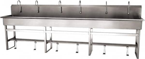 SANI-LAV - 117" Long x 16-1/2" Wide Inside, 1 Compartment, Grade 304 Stainless Steel (6) Person Wash-Station with Single Foot Valves - 16 Gauge, 120" Long x 20" Wide x 45" High Outside, 8" Deep - Caliber Tooling