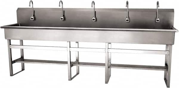 SANI-LAV - 97" Long x 16-1/2" Wide Inside, 1 Compartment, Grade 304 Stainless Steel (5) Person Wash-Station with Electronic Faucet - 16 Gauge, 100" Long x 20" Wide x 45" High Outside, 8" Deep - Caliber Tooling