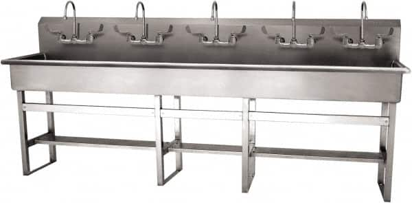 SANI-LAV - 97" Long x 16-1/2" Wide Inside, 1 Compartment, Grade 304 Stainless Steel (5) Person Wash-Station with Manual Faucet - 16 Gauge, 100" Long x 20" Wide x 45" High Outside, 8" Deep - Caliber Tooling