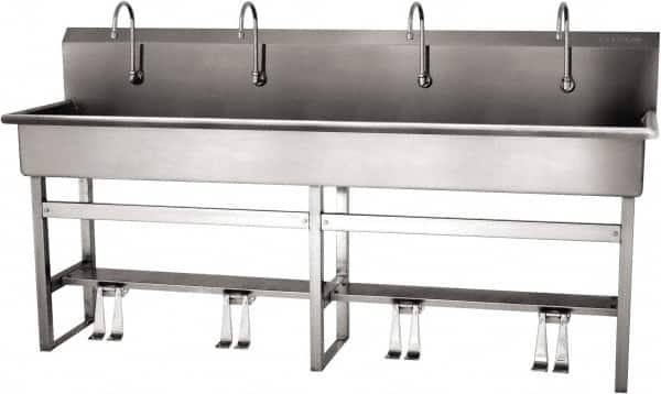 SANI-LAV - 77" Long x 16-1/2" Wide Inside, 1 Compartment, Grade 304 Stainless Steel (5) Person Wash-Station with Double Foot Valves - 16 Gauge, 80" Long x 20" Wide x 45" High Outside, 8" Deep - Caliber Tooling