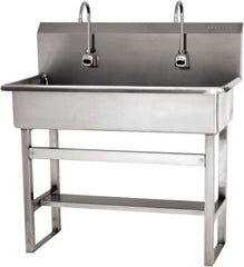 SANI-LAV - 37" Long x 16-1/2" Wide Inside, 1 Compartment, Grade 304 Stainless Steel (3) Person Wash-Station with Electronic Faucet - 16 Gauge, 40" Long x 20" Wide x 45" High Outside, 8" Deep - Caliber Tooling