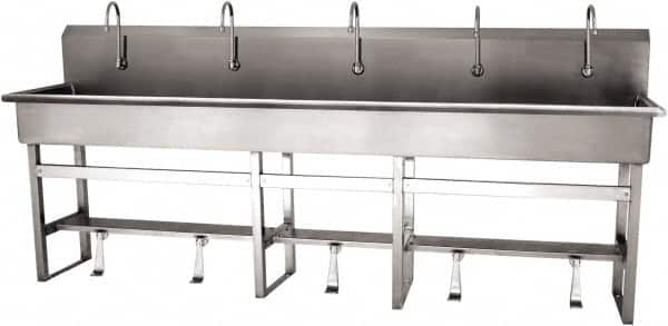 SANI-LAV - 97" Long x 16-1/2" Wide Inside, 1 Compartment, Grade 304 Stainless Steel (5) Person Wash-Station with Single Foot Valves - 16 Gauge, 100" Long x 20" Wide x 45" High Outside, 8" Deep - Caliber Tooling