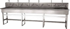 SANI-LAV - 117" Long x 16-1/2" Wide Inside, 1 Compartment, Grade 304 Stainless Steel (6) Person Wash-Station with Manual Faucet - 16 Gauge, 120" Long x 20" Wide x 45" High Outside, 8" Deep - Caliber Tooling