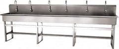 SANI-LAV - 117" Long x 16-1/2" Wide Inside, 1 Compartment, Grade 304 Stainless Steel (6) Person Wash-Station with Electronic Faucet - 16 Gauge, 120" Long x 20" Wide x 45" High Outside, 8" Deep - Caliber Tooling