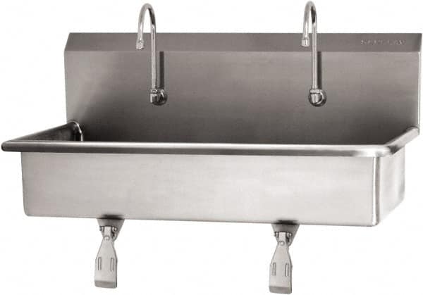 SANI-LAV - 37" Long x 16-1/2" Wide Inside, 1 Compartment, Grade 304 Stainless Steel (2) Person Wash-Station with Single Foot Valves - 16 Gauge, 40" Long x 20" Wide x 18" High Outside, 8" Deep - Caliber Tooling