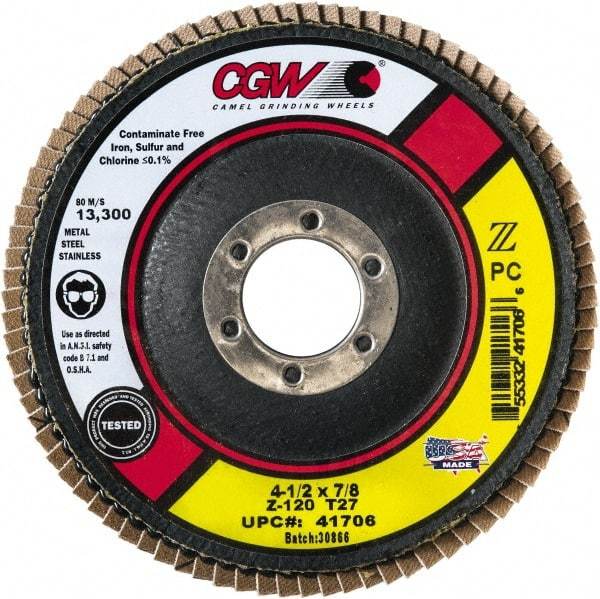 Camel Grinding Wheels - 60 Grit, 4-1/2" Disc Diam, 5/8-11 Center Hole, Type 29 Zirconia Alumina Flap Disc - 13,300 Max RPM, Poly Cotton Backing, Arbor Attaching System, Coated - Caliber Tooling