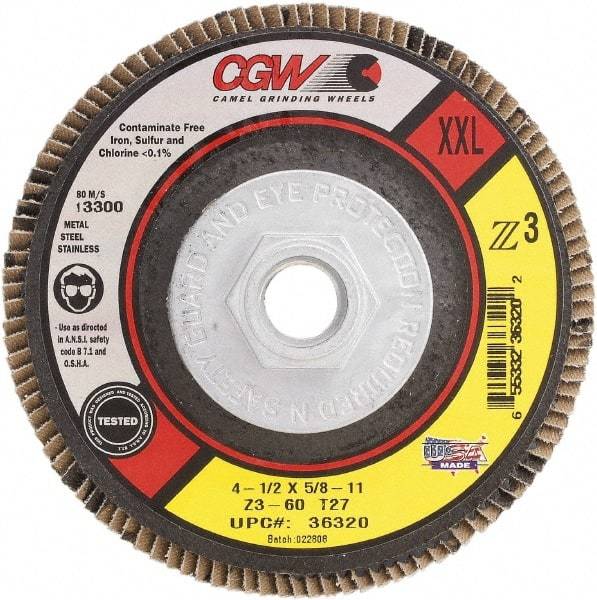 Camel Grinding Wheels - 60 Grit, 4-1/2" Disc Diam, 5/8-11 Center Hole, Type 29 Zirconia Alumina Flap Disc - 13,300 Max RPM, Poly Cotton Backing, Arbor Attaching System, Coated - Caliber Tooling