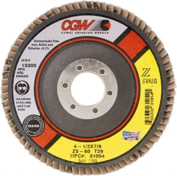 Camel Grinding Wheels - 80 Grit, 4-1/2" Disc Diam, 5/8-11 Center Hole, Type 27 Zirconia Alumina Flap Disc - 13,300 Max RPM, Polyester Backing, Arbor Attaching System, Coated - Caliber Tooling