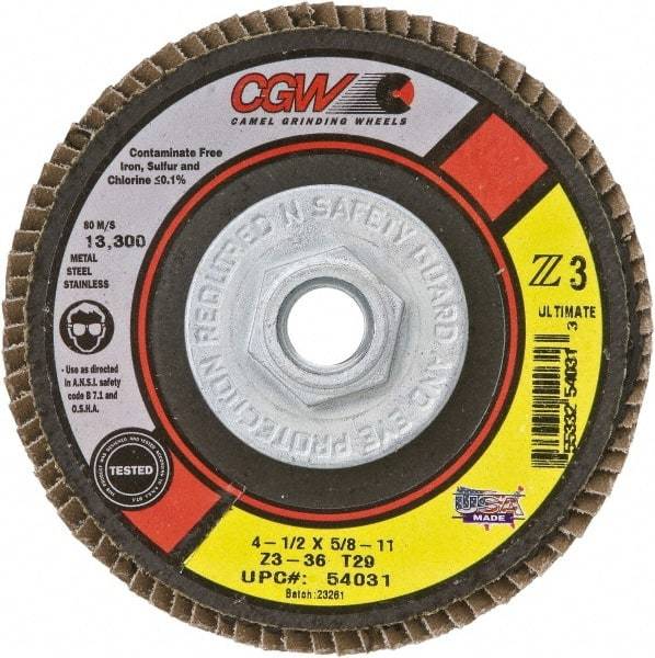 Camel Grinding Wheels - 40 Grit, 4-1/2" Disc Diam, 5/8-11 Center Hole, Type 29 Zirconia Alumina Flap Disc - 13,300 Max RPM, Cloth Backing, Arbor Attaching System, Coated - Caliber Tooling