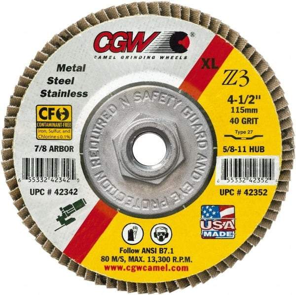 Camel Grinding Wheels - 36 Grit, 4-1/2" Disc Diam, 5/8-11 Center Hole, Type 29 Zirconia Alumina Flap Disc - 13,300 Max RPM, Poly Cotton Backing, Arbor Attaching System, Coated - Caliber Tooling