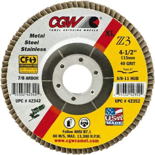 Camel Grinding Wheels - 80 Grit, 6" Disc Diam, 7/8" Center Hole, Type 29 Zirconia Alumina Flap Disc - 10,200 Max RPM, Poly Cotton Backing, Arbor Attaching System, Coated - Caliber Tooling