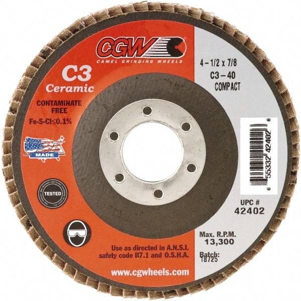 Camel Grinding Wheels - 60 Grit, 7" Disc Diam, 7/8" Center Hole, Type 29 Ceramic Flap Disc - 8,600 Max RPM, Polyester Backing, Arbor Attaching System, Coated - Caliber Tooling