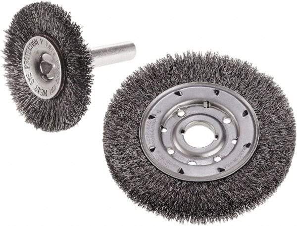 Camel Grinding Wheels - 3" OD, 1/4" Shank Diam, Crimped Stainless Steel Wheel Brush - 3" Face Width, 3/4" Trim Length, 0.014" Filament Diam - Caliber Tooling