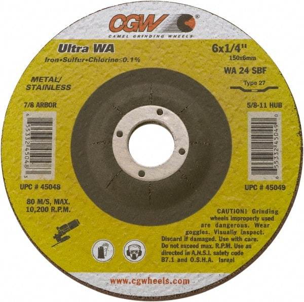 Camel Grinding Wheels - 24 Grit, 4-1/2" Wheel Diam, 1/4" Wheel Thickness, Type 27 Depressed Center Wheel - Coarse Grade, Aluminum Oxide, Resinoid Bond, 13,300 Max RPM - Caliber Tooling