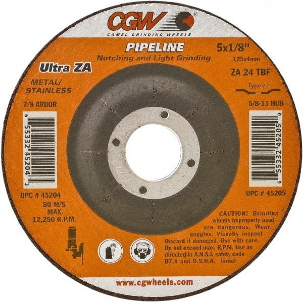 Camel Grinding Wheels - 24 Grit, 5" Wheel Diam, 1/8" Wheel Thickness, 7/8" Arbor Hole, Type 27 Depressed Center Wheel - Coarse Grade, Zirconia Alumina, Resinoid Bond, 12,250 Max RPM - Caliber Tooling