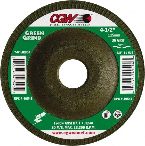 Camel Grinding Wheels - 36 Grit, 5" Wheel Diam, 5/32" Wheel Thickness, 7/8" Arbor Hole, Type 27 Depressed Center Wheel - Medium Grade, Zirconia Alumina, Resinoid Bond, 12,250 Max RPM - Caliber Tooling