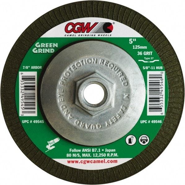 Camel Grinding Wheels - 36 Grit, 4-1/2" Wheel Diam, 5/32" Wheel Thickness, Type 27 Depressed Center Wheel - Medium Grade, Zirconia Alumina, Resinoid Bond, 13,300 Max RPM - Caliber Tooling