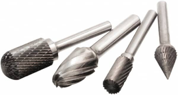 Camel Grinding Wheels - 1/2" Cut Diam, 1/4" Shank Diam, Cone Head Single Cut Burr - Carbide, Point End, 7/8" LOC, 2-3/4" OAL - Caliber Tooling