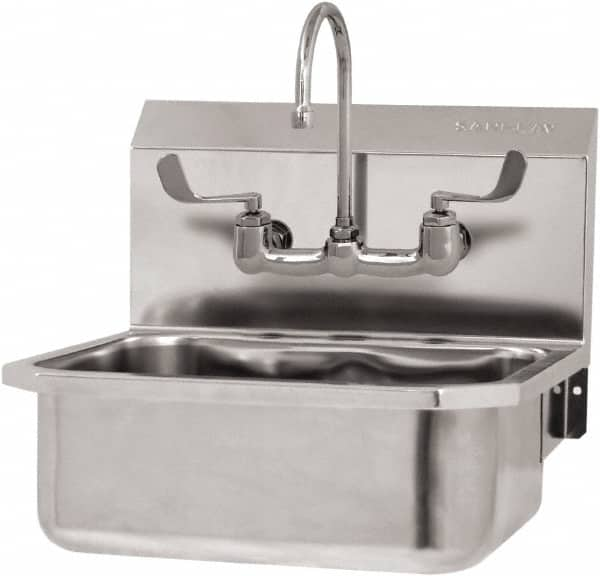 SANI-LAV - 17" Long x 14" Wide Inside, 1 Compartment, Grade 304 Stainless Steel Hand Sink Wall Mount with Manual Faucet - 18 Gauge, 19" Long x 18" Wide x 21" High Outside, 7" Deep - Caliber Tooling