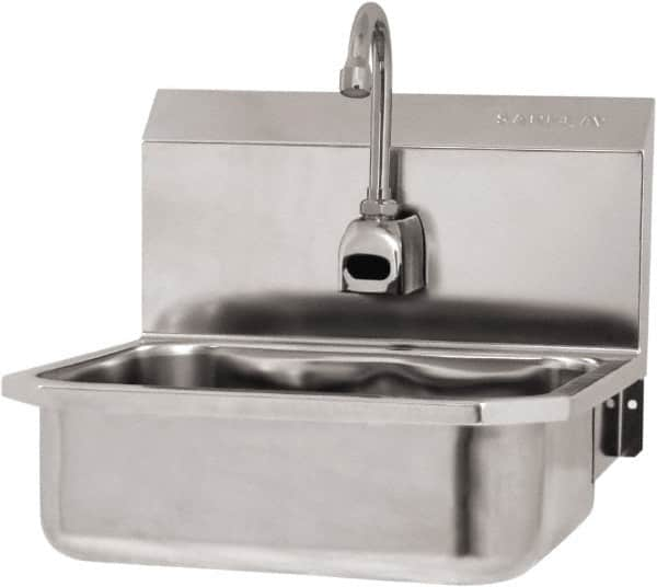 SANI-LAV - 14" Long x 11" Wide Inside, 1 Compartment, Grade 304 Stainless Steel Hand Sink Wall Mount with Electronic Faucet - 18 Gauge, 16" Long x 15-1/4" Wide x 16" High Outside, 5" Deep - Caliber Tooling