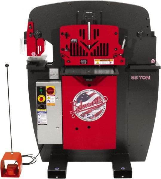 Edwards Manufacturing - 7-1/2" Throat Depth, 55 Ton Punch Pressure, 1-1/16" in 5/8" Punch Capacity Ironworker - 5 hp, 3 Phase, 44-3/8" Wide x 55-1/4" High x 36-1/8" Deep - Caliber Tooling