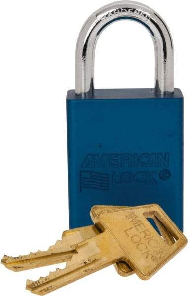 American Lock - Keyed Alike Conductive Lockout Padlock - 1" Shackle Clearance, 1/4" Shackle Diam, 1.8" Body Height x 1-1/2" Body Width, Blue, 5 Pins - Caliber Tooling