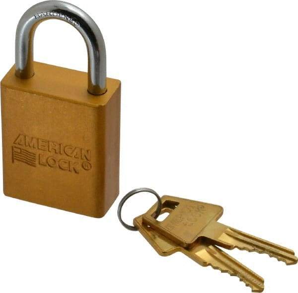 American Lock - Keyed Alike Conductive Lockout Padlock - 1" Shackle Clearance, 1/4" Shackle Diam, 1.8" Body Height x 1-1/2" Body Width, Yellow, 5 Pins - Caliber Tooling