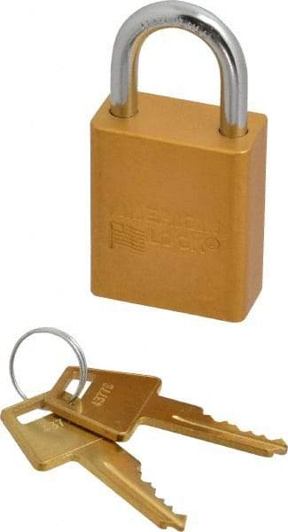 American Lock - Keyed Alike Conductive Lockout Padlock - 1" Shackle Clearance, 1/4" Shackle Diam, 1.8" Body Height x 1-1/2" Body Width, Yellow, 5 Pins - Caliber Tooling