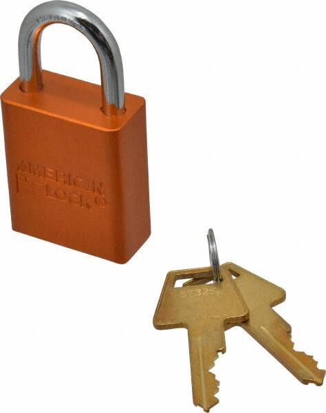 American Lock - Keyed Alike Conductive Lockout Padlock - 1" Shackle Clearance, 1/4" Shackle Diam, 1.8" Body Height x 1-1/2" Body Width, Orange, 5 Pins - Caliber Tooling