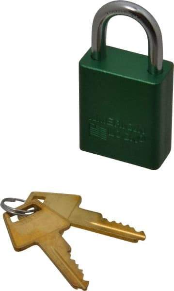 American Lock - Keyed Alike Conductive Lockout Padlock - 1" Shackle Clearance, 1/4" Shackle Diam, 1.8" Body Height x 1-1/2" Body Width, Green, 5 Pins - Caliber Tooling