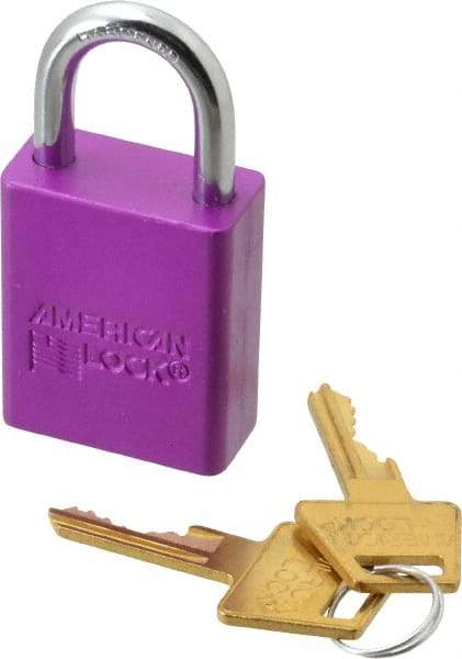 American Lock - Keyed Alike Conductive Lockout Padlock - 1" Shackle Clearance, 1/4" Shackle Diam, 1.8" Body Height x 1-1/2" Body Width, Purple, 5 Pins - Caliber Tooling