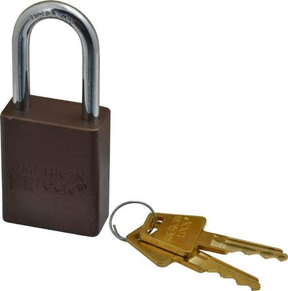 American Lock - Keyed Different Conductive Lockout Padlock - 1-1/2" Shackle Clearance, 1/4" Shackle Diam, 1.8" Body Height x 1-1/2" Body Width, Brown, 5 Pins - Caliber Tooling