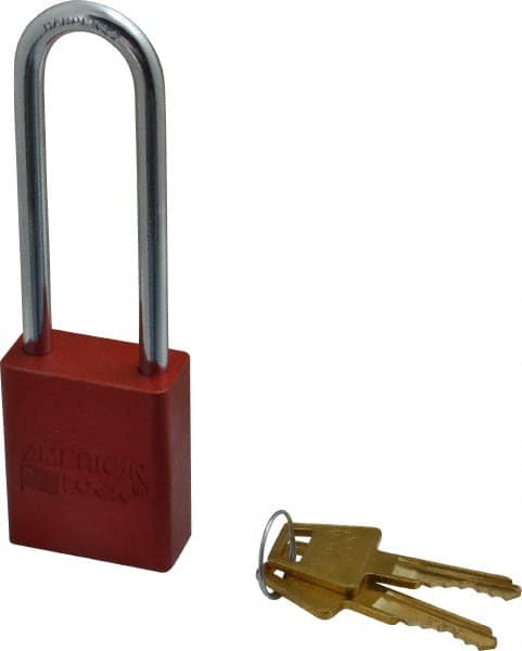 American Lock - Keyed Alike Conductive Lockout Padlock - 3" Shackle Clearance, 1/4" Shackle Diam, 1.8" Body Height x 1-1/2" Body Width, Red, 5 Pins - Caliber Tooling