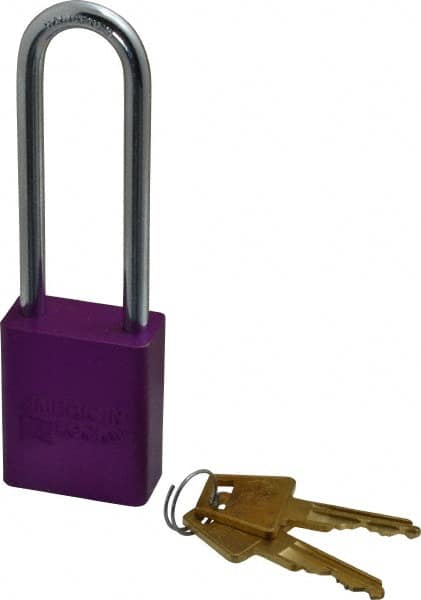 American Lock - Keyed Alike Conductive Lockout Padlock - 3" Shackle Clearance, 1/4" Shackle Diam, 1.8" Body Height x 1-1/2" Body Width, Purple, 5 Pins - Caliber Tooling