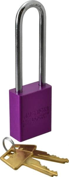 American Lock - Keyed Alike Conductive Lockout Padlock - 3" Shackle Clearance, 1/4" Shackle Diam, 1.8" Body Height x 1-1/2" Body Width, Purple, 5 Pins - Caliber Tooling