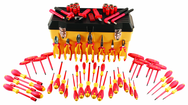66 Piece - Insulated Tool Set with Pliers; Cutters; Nut Drivers; Screwdrivers; T Handles; Knife; Sockets & 3/8" Drive Ratchet w/Extension; Adjustable Wrench - Caliber Tooling