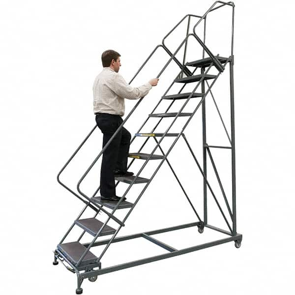 Ballymore - 123" 9 Step Stairway Slope Ladder - 50° Incline, 600 Lb Capacity, 90" Platform Height, 32" Base Width x 82" Base Depth, Expanded Metal Tread - Caliber Tooling