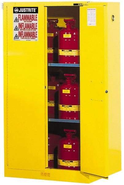 Justrite - 2 Door, 2 Shelf, Yellow Steel Standard Safety Cabinet for Flammable and Combustible Liquids - 65" High x 34" Wide x 34" Deep, Self Closing Door, 3 Point Key Lock, 60 Gal Capacity - Caliber Tooling