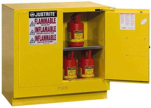 Justrite - 2 Door, 1 Shelf, Yellow Steel Under the Counter Safety Cabinet for Flammable and Combustible Liquids - 35" High x 35" Wide x 22" Deep, Self Closing Door, 22 Gal Capacity - Caliber Tooling