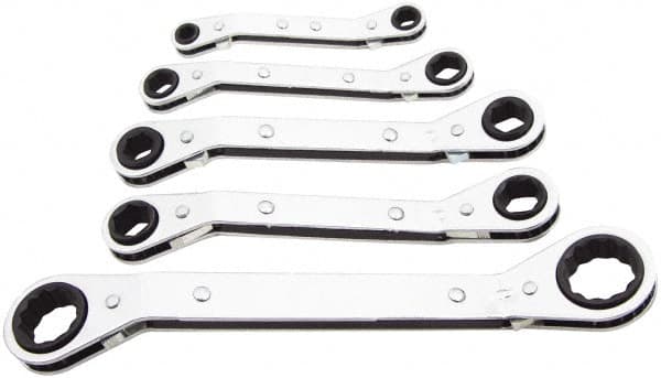 Lang - 5 Piece, 1/4 x 5/16 to 3/4 x 7/8", Ratcheting Box Wrench Set - Inch System of Measurement, Chrome Finish, Comes in Vinyl Roll - Caliber Tooling