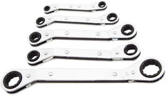 Lang - 5 Piece, 1/4 x 5/16 to 3/4 x 7/8", Ratcheting Box Wrench Set - Inch System of Measurement, Chrome Finish, Comes in Vinyl Roll - Caliber Tooling