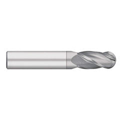 Ball End Mill: 0.1563″ Dia, 0.5625″ LOC, 4 Flute, Solid Carbide 2″ OAL, 3/16″ Shank Dia, 30 ° Helix, TiCN Coated, Single End