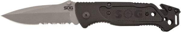 SOG Specialty Knives - 3-13/32" Blade, 8.2" OAL, Partially Serrated Clip Point Folding Knife - 4.8" Closed Length, Plastic, 1 Blade, 1 Edge - Caliber Tooling