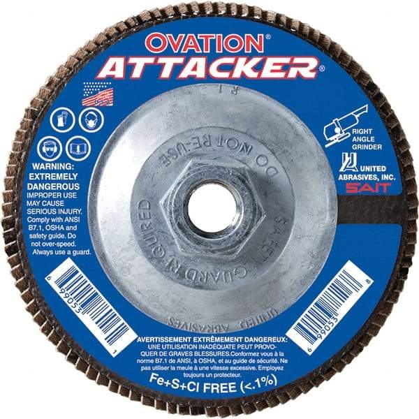 Sait - 120 Grit, 5" Disc Diam, 5/8-11 Center Hole, Type 27 Zirconia Alumina Flap Disc - 12,200 Max RPM, Fiberglass Backing, Arbor Attaching System, Coated - Caliber Tooling