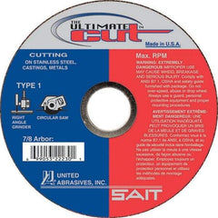 Sait - 5" Aluminum Oxide Cutoff Wheel - 0.045" Thick, 7/8" Arbor, 12,200 Max RPM, Use with Angle Grinders - Caliber Tooling