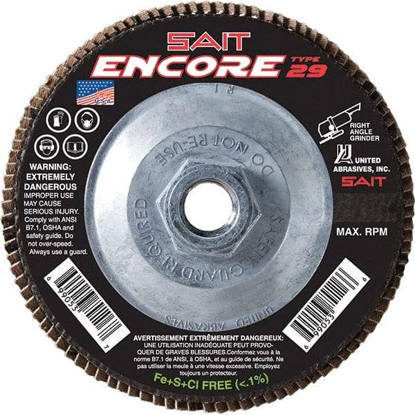 Sait - 80 Grit, 7" Disc Diam, 5/8-11 Center Hole, Type 27 Zirconia Alumina Flap Disc - 8,500 Max RPM, Fiberglass Backing, Arbor Attaching System, Coated - Caliber Tooling