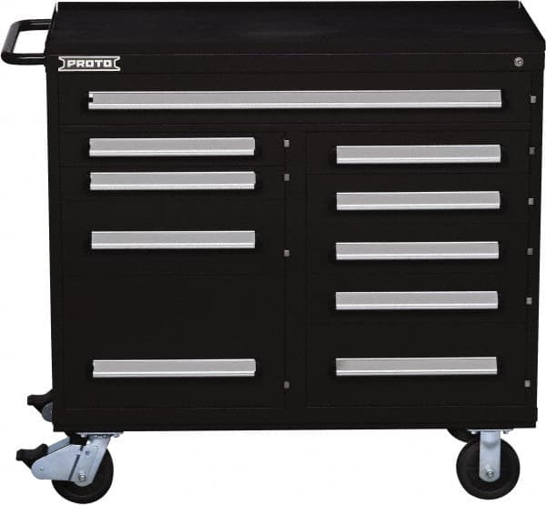 Proto - 10 Drawer Steel Tool Roller Cabinet - 45" Wide x 42-1/2" High x 21-3/8" Deep, Ball Bearing Drawer Slides, Black - Caliber Tooling