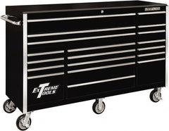 EXTREME TOOLS - 19 Drawer Steel/Aluminum Tool Roller Cabinet - 72" Wide x 47" High x 25" Deep, Ball Bearing Drawer Slides, Black - Caliber Tooling